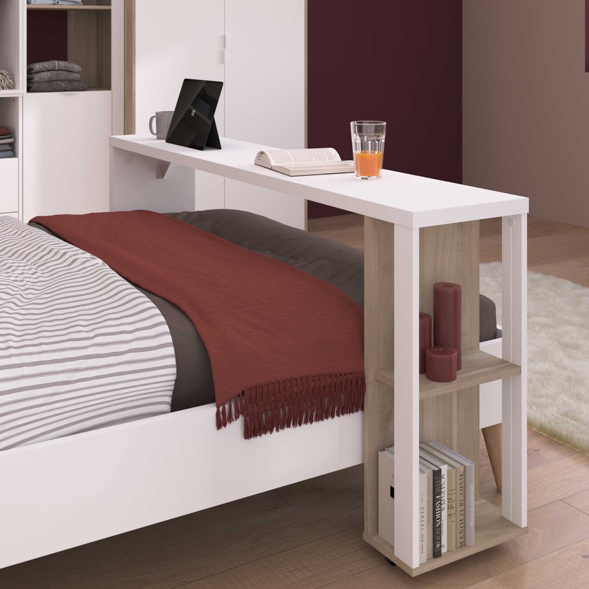 Consoletafel voor bed Hardy - 167x31x75cm - wit/eikdecor