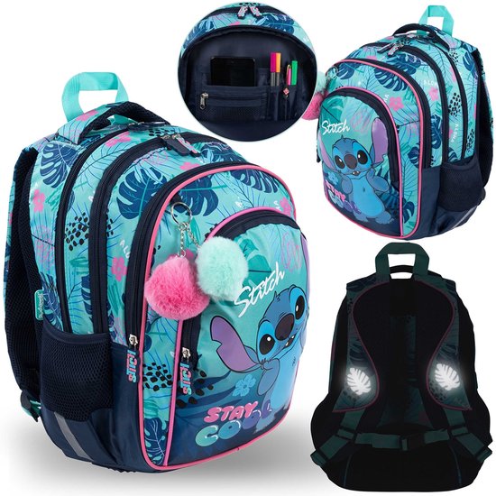 DISNEY Stitch VERSTEVIGDE SCHOOLRUGZAK voor meisjes, met reflecterende elementen VIER VAKKEN + sleutelhanger 38x27x13cm