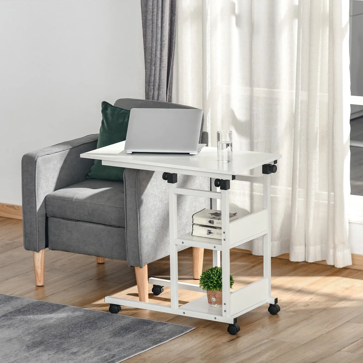 Pugsdrly Bijzettafel met wieltjes, in hoogte verstelbaar, compact, 2 legplanken, metalen frame, 80x40x72-82 cm, wit