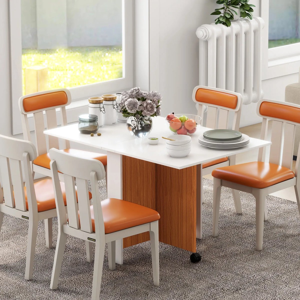 Pugsdrly Uitklapbare eettafel Uitschuifbare eettafel, mobiel, modern design, 120 cm x 80 cm x 73 cm, teak + wit