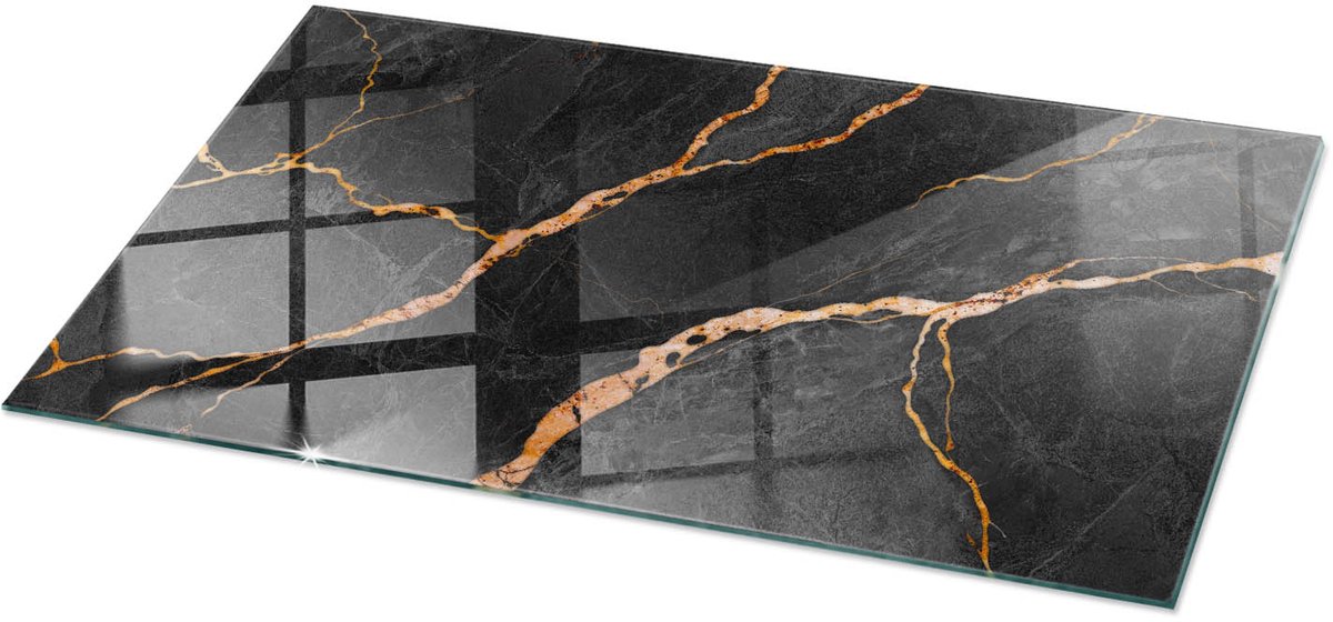 TULUP Tafelblad Glas - Marmerpatroon Met Aderen Glazen Tafelblad - 140 cm x 70 cm - Zwart Glazen Plaat - Rechthoekig Tafelblad Glas - Gehard Glazen Tafelblad Voor de Eettafel in de Eetkamer - Veiligheidsglas Zwart Marmerpatroon Met Aderen
