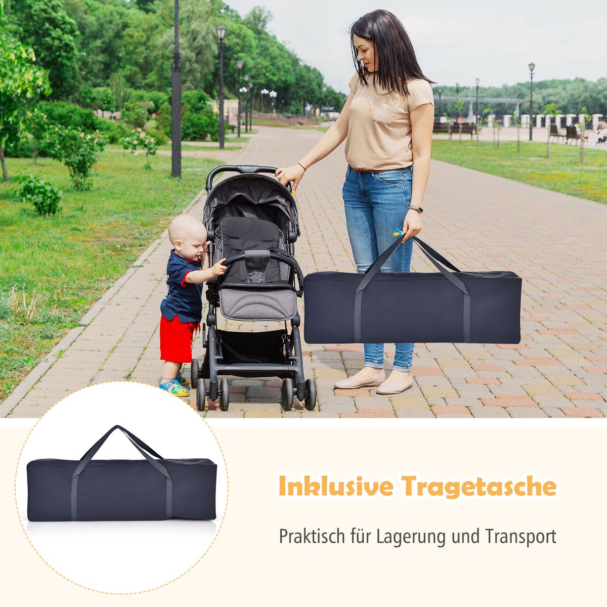 COSTWAY Campingbedje, 4 in 1 inklapbaar reisbed met commode, mobiel ledikanten baby met matras, speelboog, muziekdoos, klamboe, luier mandje en draagtas 60 x 120 (grijs) – foto 6