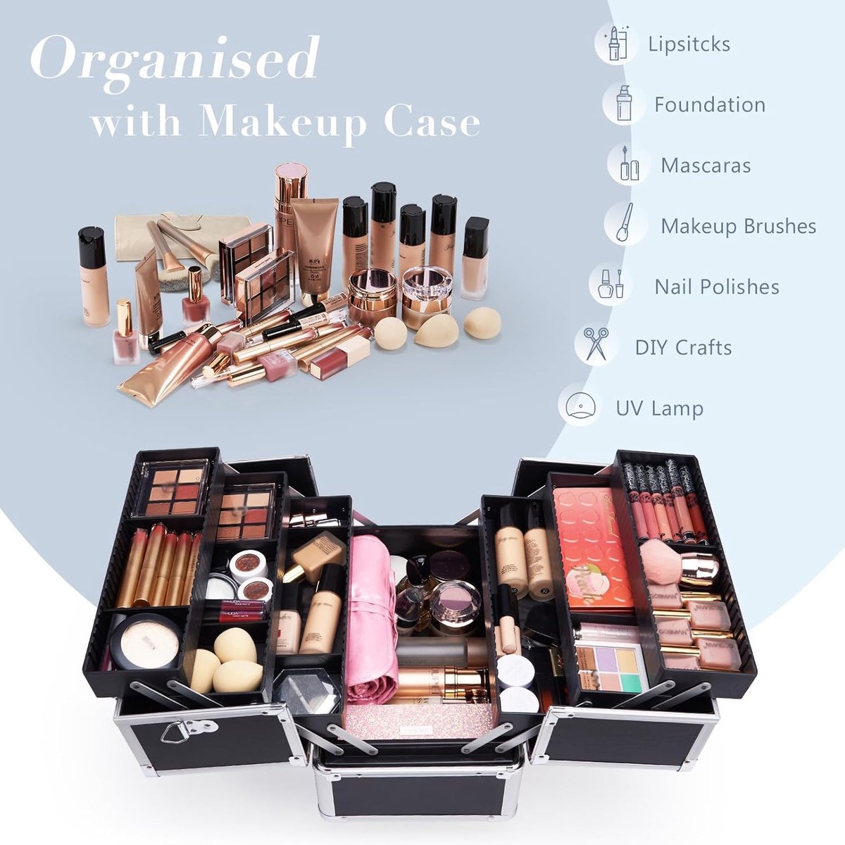 RFWR® Grote make-up en sieraden opbergkist – Zwarte cosmetische koffer