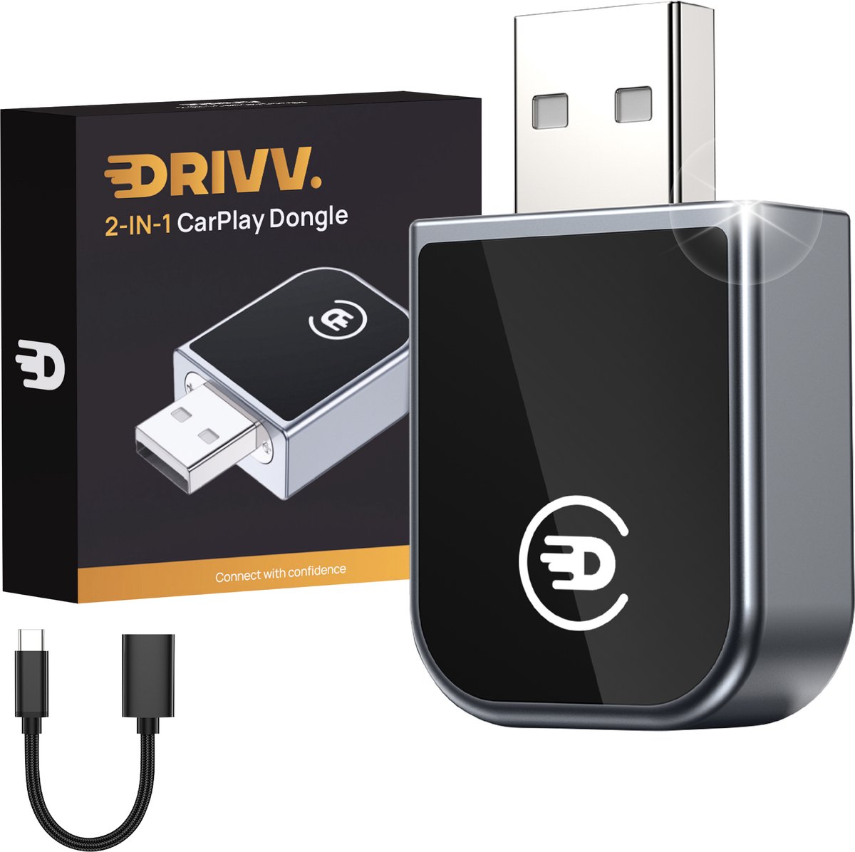 Drivv. CarPlay Dongle - USB-C & USB-A Aansluiting - Draadloos CarPlay - Wireless CarPlay - Zwart