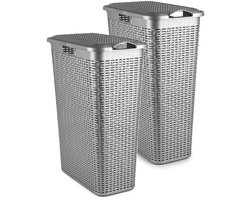 Plasticforte Smalle Wasmand met deksel Rotan - 2x - zilvergrijs - gevlochten kunststof - 48 liter - 27 x 46 x 60 cm