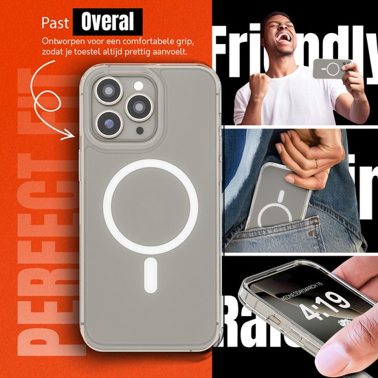 Coque de téléphone transparente avec logo MagSafe, placée dans une poche et tenue. Texte 'S'adapte partout'.