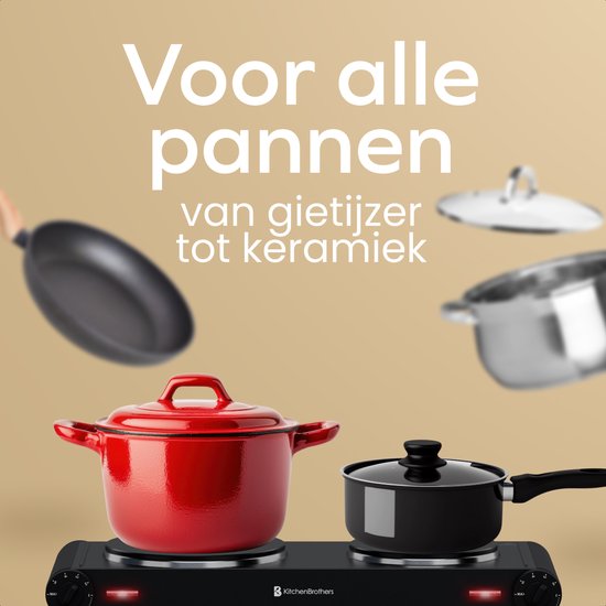 Zwarte elektrische dubbele kookplaat met rode en zwarte kookpannen, "Voor alle pannen" staat in tekst.