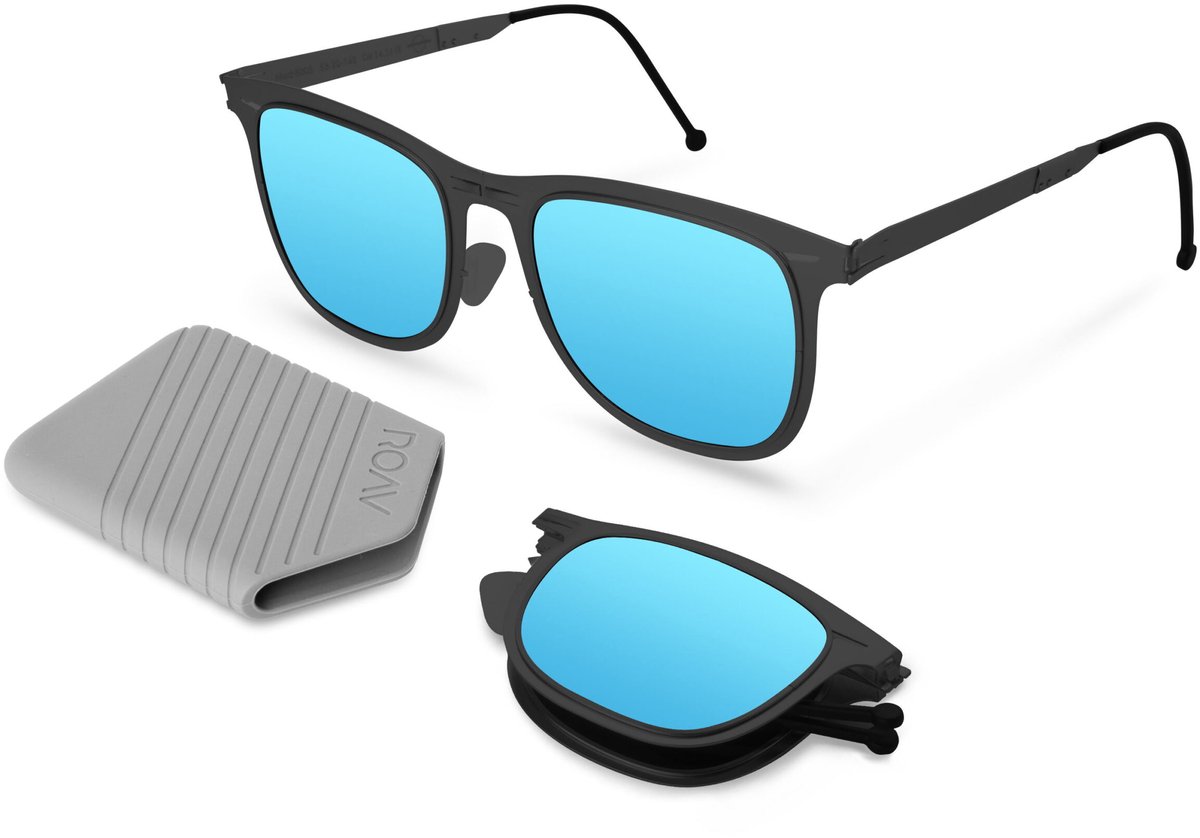 ROAV LENNOX - Opvouwbare zonnebril – Polariserend UV400 - Matte Black - Blue Mirror glazen