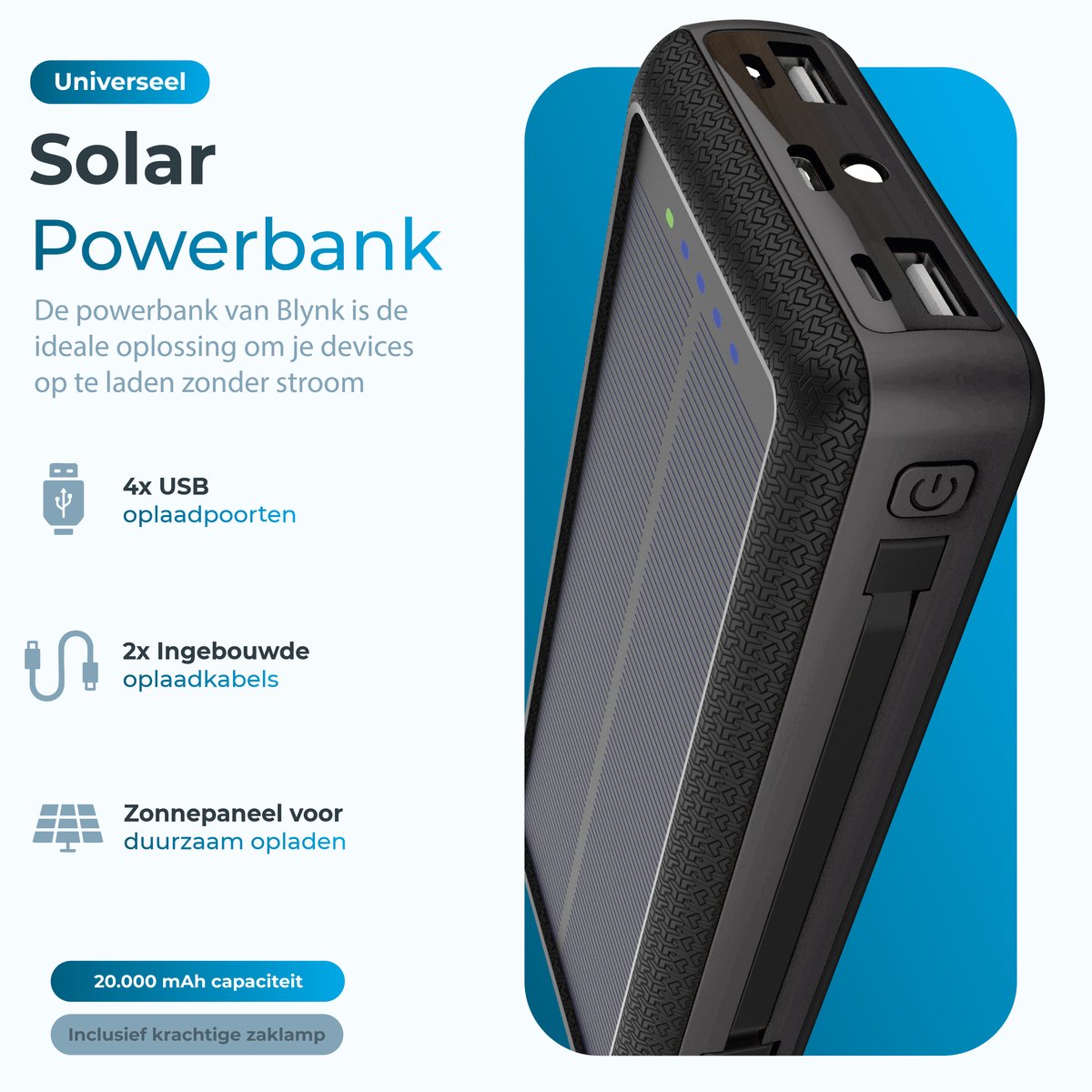 Blynk Solar Powerbank 20.000 mAh 22.5W Zwart - afbeelding 3