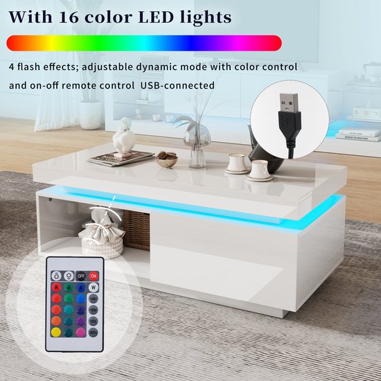 Witte hoogglans salontafel met blauwe LED-verlichting, afstandsbediening voor 16 kleuren en USB-aansluiting.