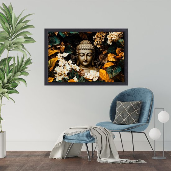 Bouddha avec décoration florale - Peintures sur toile Bouddha - Décoration murale sur toile religion - Mouvement artistique réalisme - Art sur toile encadrée - Accessoires de maison - Toile avec châssis flottant 70x50 cm