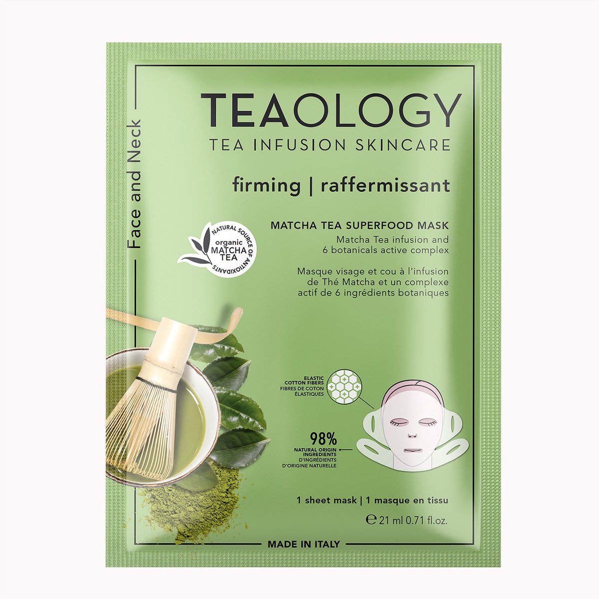 Teaology Matcha Tea Miracle Superfood Mask – Verstevigend Matcha Sheet Mask Voor Gezicht & Hals - Met Antioxidanten, Hyaluronzuur, Peptiden & Vitamine B3 - Hydrateert, Egaliseert & Lifting-Effect - 98% Natuurlijke Ingrediënten – 21ml