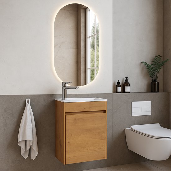Badplaats Meuble de Toilette Sinta 40 cm x 26 cm - Chêne - Meuble Fontaine avec Lavabo Witte