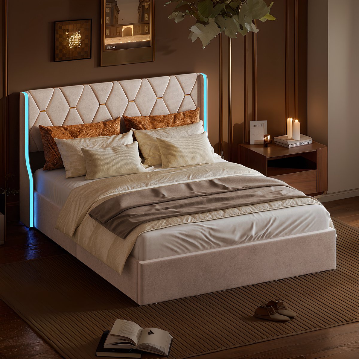 Bed 140x200 cm, Hydraulisch tweepersoonsbed Opslagbed met hoofdeinde en lattenbodem, jeugdbed Bed met rugleuning, zonder matras, fluweelbeige