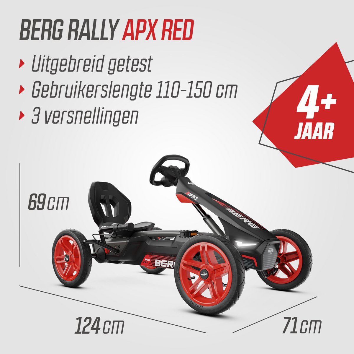 BERG Rally APX Red 3 Gears Skelter - 4+ Jaar - Verstelbare Stoel - Drie versnellingen - LED verlichting - Soundbox Race - Rood — afbeelding 5