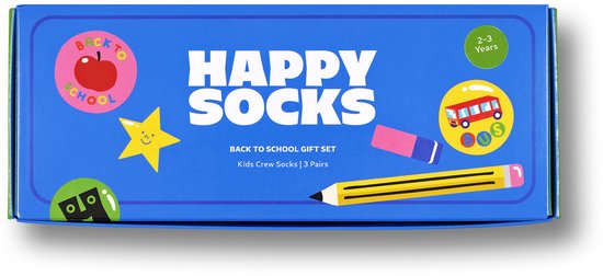 Blauwe Happy Socks 'Back to School' giftbox voor kinderen met potlood, gum, appel en bus illustraties.
