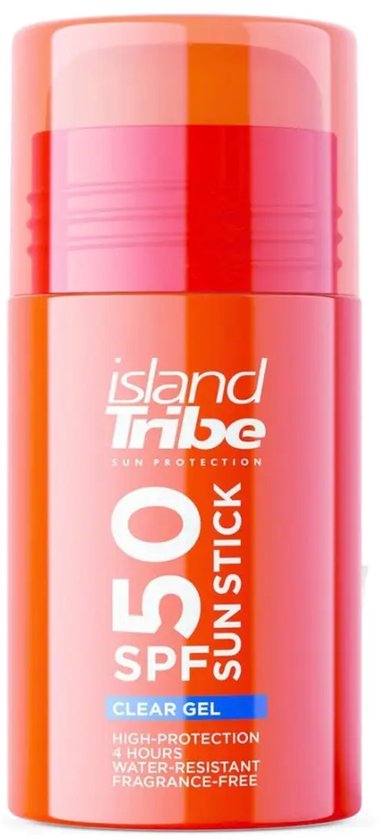 Een oranje zonnebrandstick van Island Tribe SPF 50 Clear Gel met een rode dop en een rode ring.