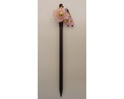 Houten bruin haarstok roze bloem met kwast roze balletjes - dames haarstokje voor knot - dames haarstokje voor haar opsteken - haarinstekers bloem - haarinstekers - sierlijke haarstokjes - modern haarstokjes - modieus haarstokje - vrouwelijke haarpin