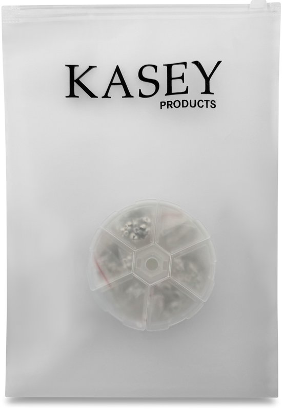 Kasey Products verpakking met een ronde organizer voor sieraden sluitingen.