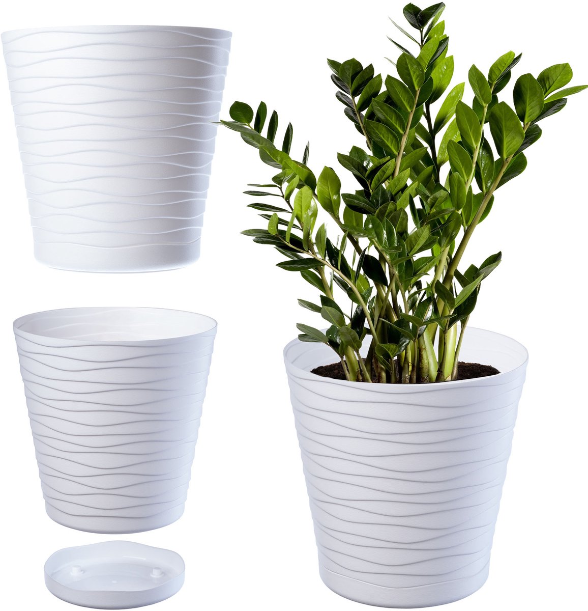 KADAX Bloempot met onderzetter, lichte ronde plantenbak voor binnen van kunststof, voor bloemen en planten (21 cm, wit)