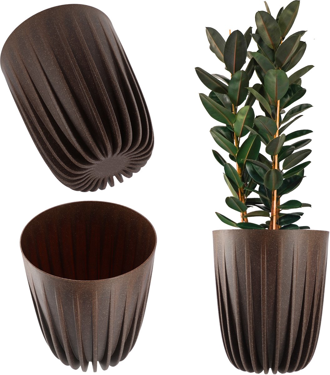 KADAX Bloempot van kunststof met natuurlijke materialen, moderne plantenpotten, plantenpot met geometrisch patroon, ronde bloempot met inzetstuk, natuurlijke bloempot, hoge bloempot (diameter 14,5 cm,