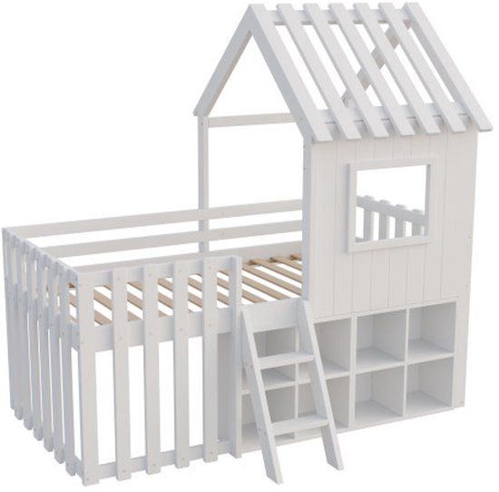 Lit cabane pour enfant 90x200, avec toit et fenêtre, avec espace de rangement ouvert, avec échelle d'escalade, lit superposé pour enfant en bois massif sans matelas, blanc