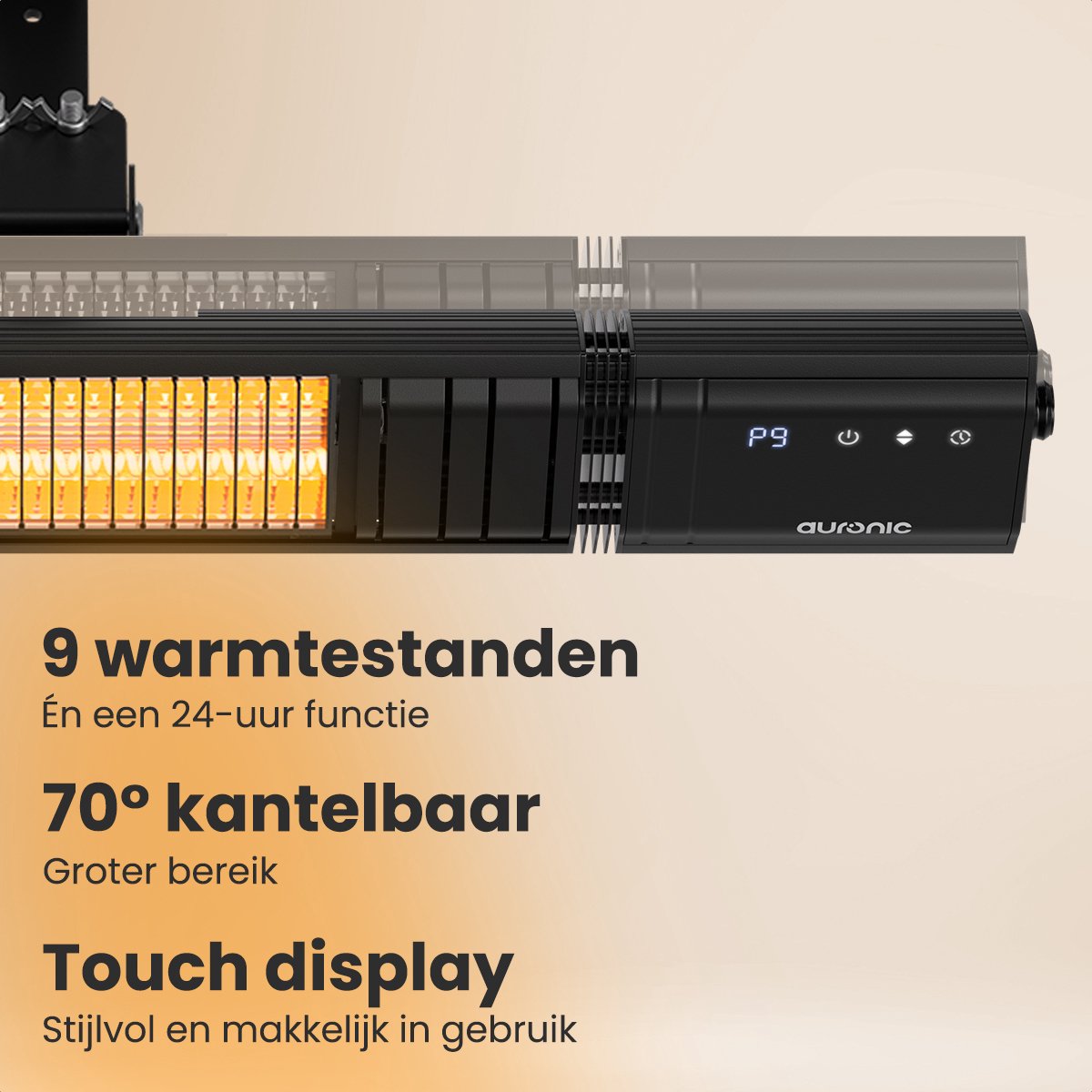 Auronic Terrasverwarmer - Infrarood Verwarming - Touch Display - 15m2 - IP65 - Elektrische Heater - 2500W - Afstandsbediening - 9 Standen - Zwart – foto 4