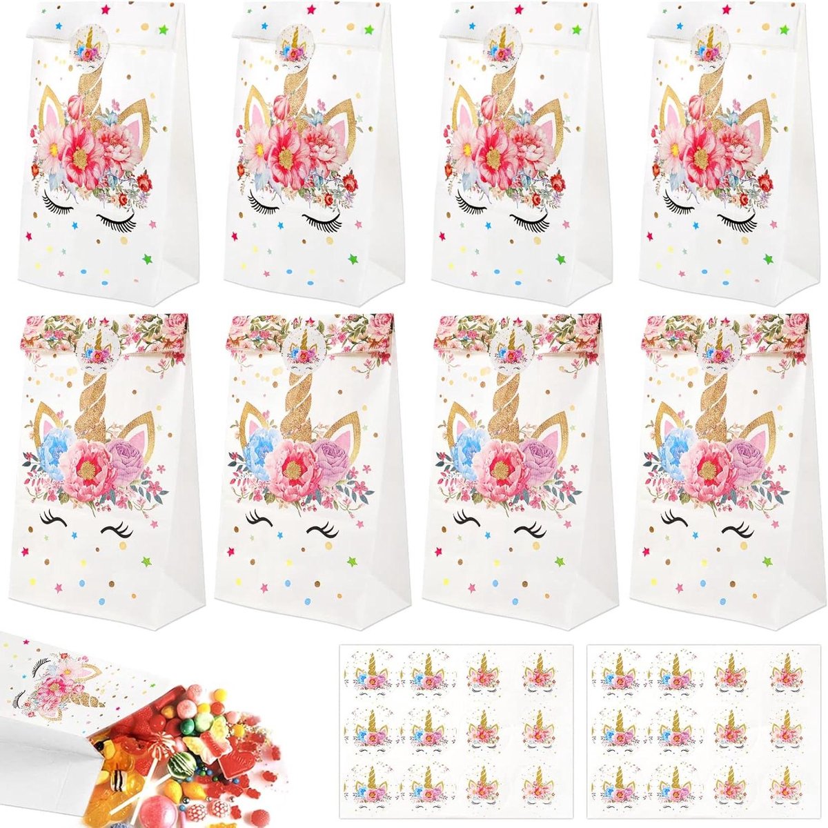 20 Stuks Papieren Zakjes met 24 Stickers - Papieren Cadeauzakjes - Kraft Papier Zakjes - Snoepzakjes - Kerst Cadeauzakjes - Verjaardag - Bruiloft - 24x13x7.7CM