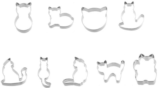 Ensemble de 9 emporte-pièces - emporte-pièce - forme de biscuit - moule de cuisson - forme de chaton - argent - acier inoxydable - emporte-pièces