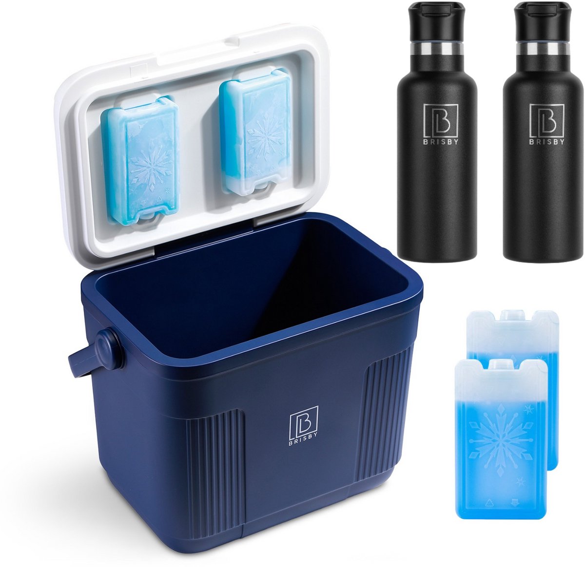 Brisby Koelbox - Frigobox - 22L - Blauw - Tot maximaal 40 uur isolatie - Incl. 4 dikke koelelementen van 450ml - Met koelelementen vergrendeld in deksel en Brisby 500ml Zwarte Dubbelwandige Thermosfles