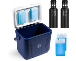 Brisby Koelbox - Frigobox - 22L - Blauw - Tot maximaal 40 uur isolatie - Incl. 4 dikke koelelementen van 450ml - Met koelelementen vergrendeld in deksel en Brisby 500ml Zwarte Dubbelwandige Thermosfles