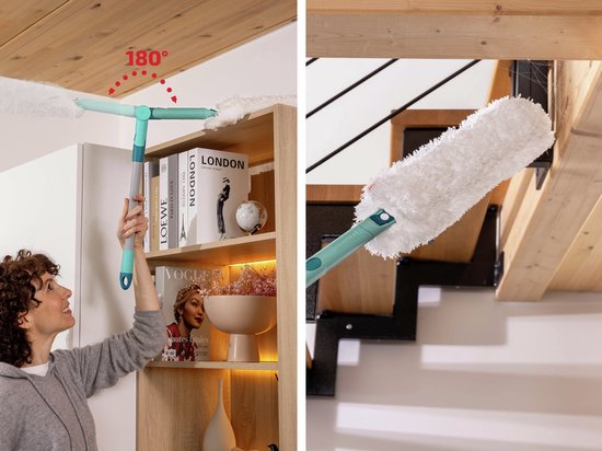 Une femme utilise un plumeau en forme de T pour les meubles et les escaliers, avec une tête pivotante à 180°.