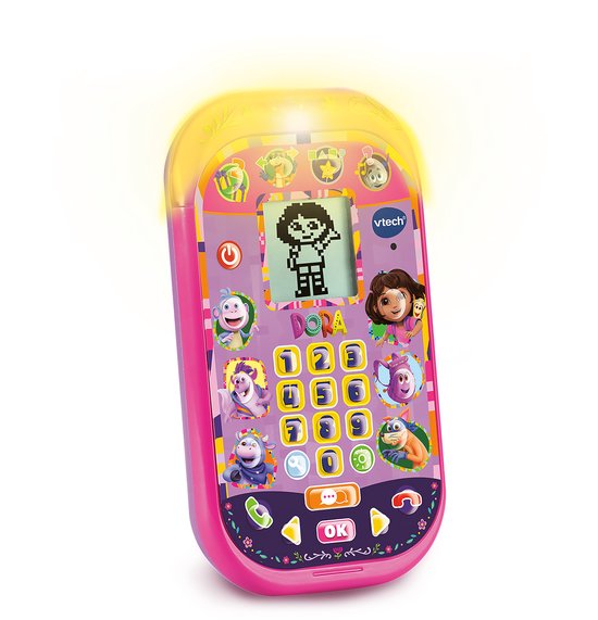 Roze VTech Dora smartphone met oplichtende gele bovenkant, knoppen en figuren.
