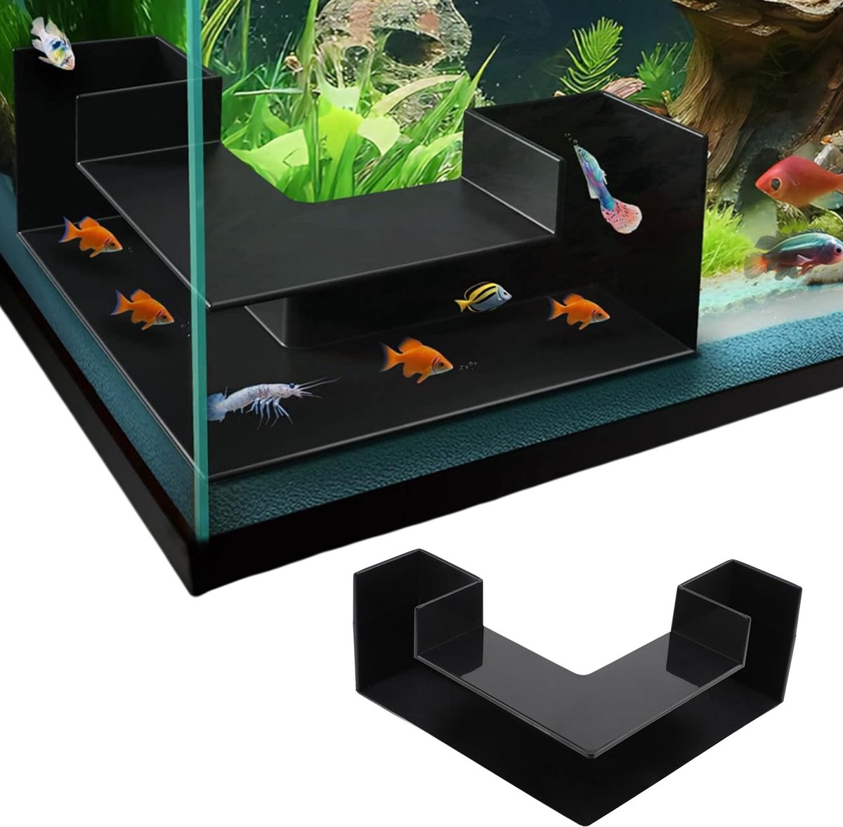 MAGICSHE Aquarium Schuilplaats Decoratie Ornamenten - Aquarium Ondergrondse Tunnel Voor Vis En Garnalen - Schuilplaats Vissen Met 2 Ingangen Zwart Hoekmodel