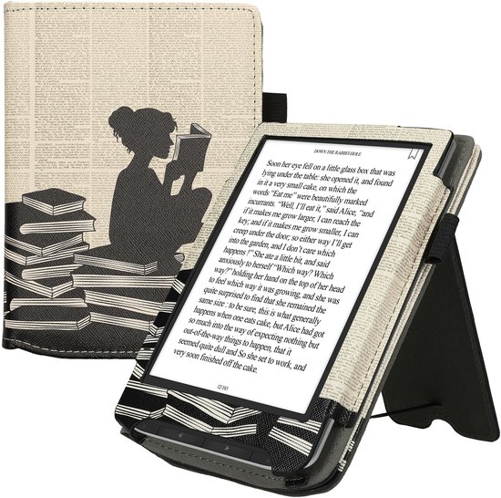 kwmobile e-reader hoesje geschikt voor Pocketbook Verse/Verse Lite/Pro/Color/Vivlio Light HD hoes - E reader flip case van kunstleer - Ereader cover met stand - Meisje met boeken design in zwart / beige — afbeelding 5
