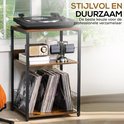 Bruin en zwart 3-laags opbergsysteem met platenspeler, radio, boeken en LP's.