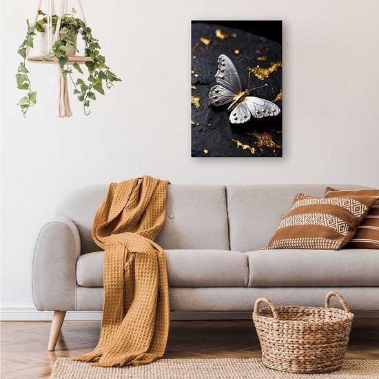 Papillon argenté sur pierre noire - Peintures sur verre papillon - Art mural animaux - Hyperréalisme - Art sur plexiglas - Peintures sur verre uniques - verre acrylique 30x45 cm