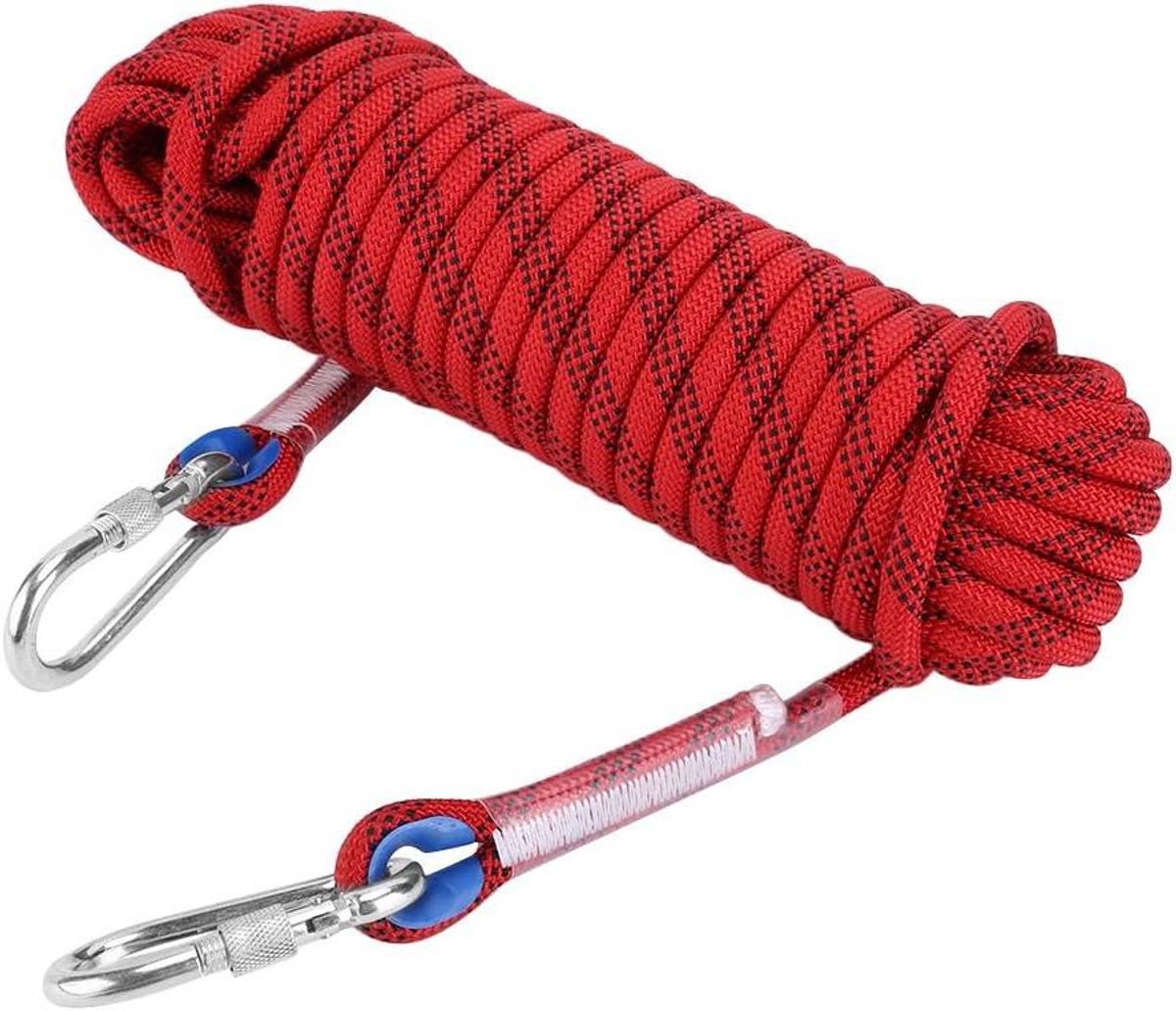 Allecto Plus - 12 mm klimtouw met naaiggesp en karabijn - duurzaam outdoor survivaltouw - sterkte tot 2100 kg - rode kleur - 20 meter lengte