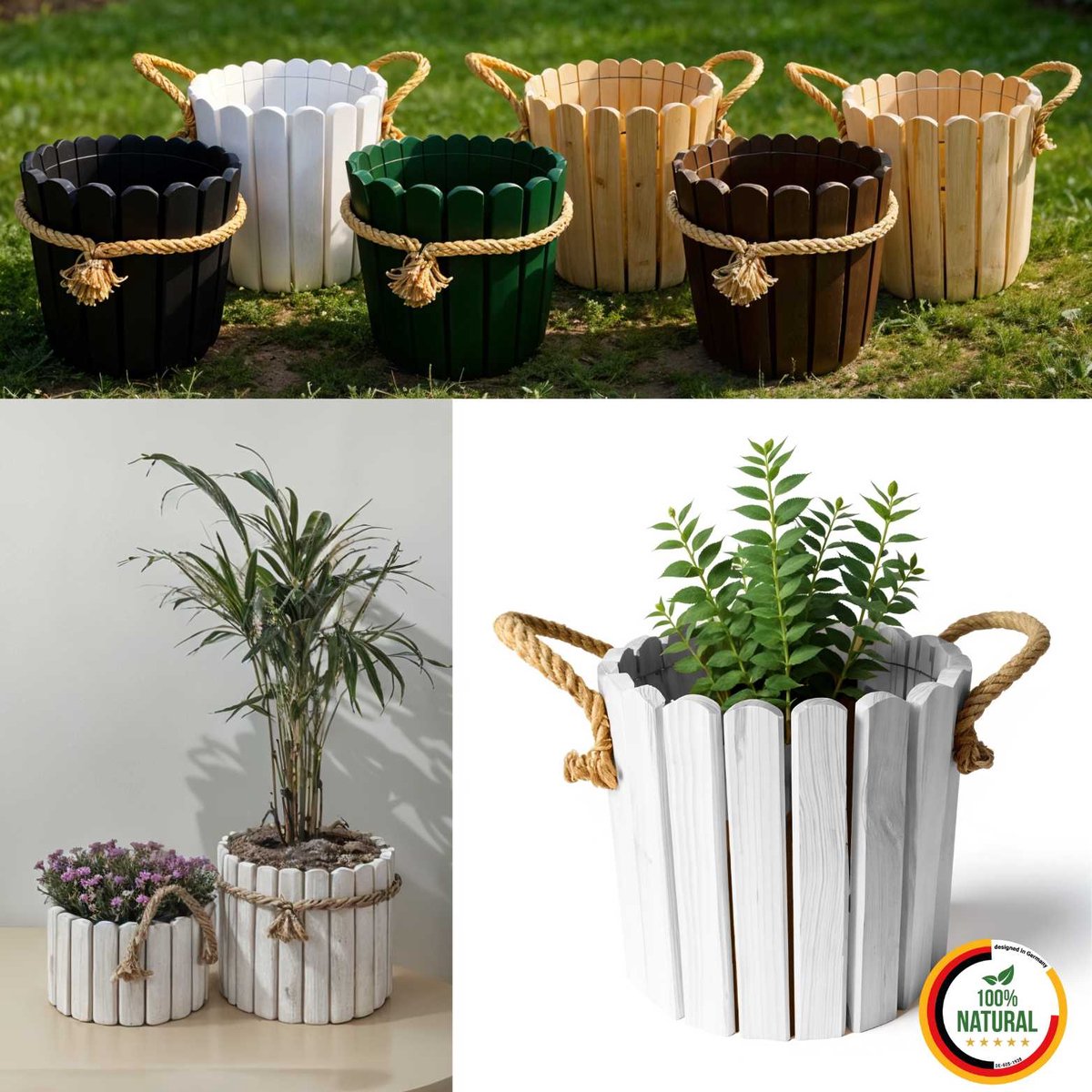 Floranica ronde bloempot 20 x 33 cm van grenenhout, plantenpot, bloembak, kruidenpot voor huis en tuin, voor binnen- en buitengebruik, wit