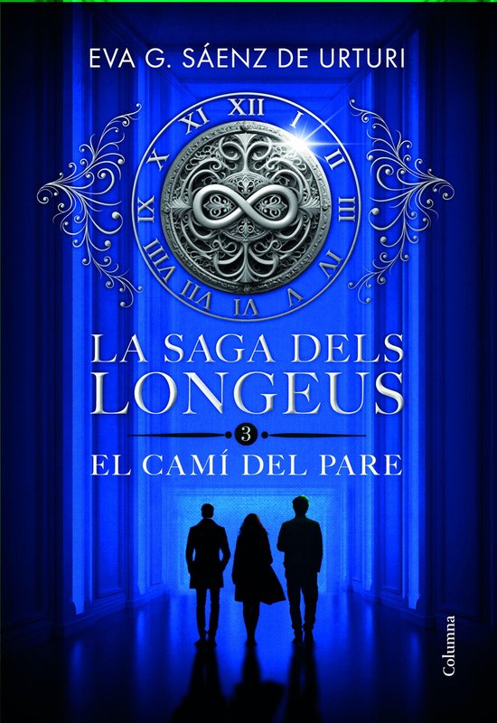 Boekomslag van 'La saga dels longeus 3. El camí del pare' met de tekst 'EVA G. SÁENZ DE URTURI' en een afbeelding van drie silhouetten van mensen die wegkijken.