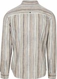 Achterkant van een beige linnen mix blouse met verticale strepen in diverse kleuren. Zichtbaar zijn de kraag, de knoop en de naden.