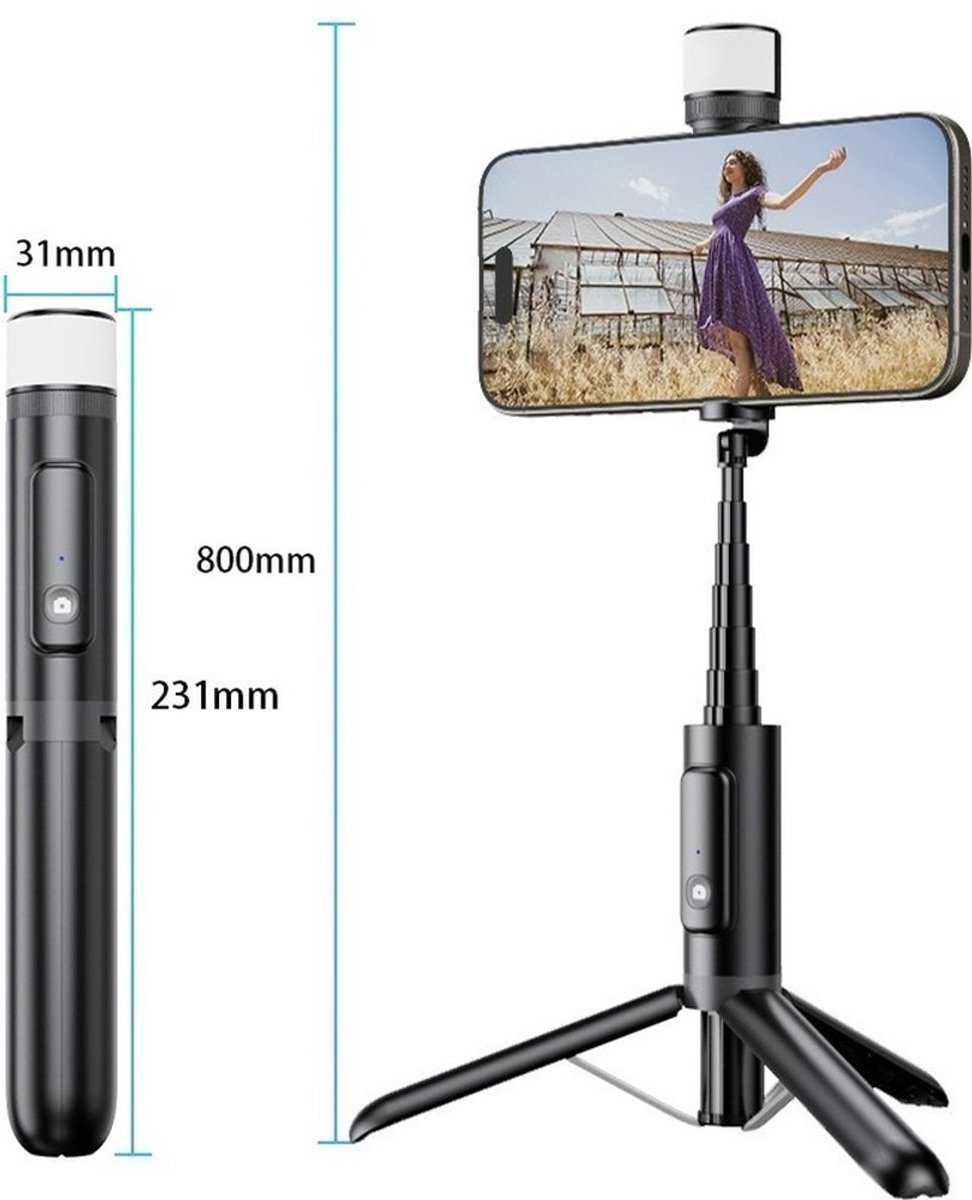 Selfies tick Universeel -bluetooth selfie stick -selfiestick met afstandsbediening- Telefoon statief-Selfie Stick Statief -Selfiestick iphone&samsung-Met Ingebouwde LED gekleurde verlichting-360° Rotatie- Uitschuifbaar - Aluminiumlegering - Zwart