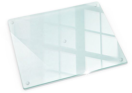 Planche à découper rectangulaire en verre avec quatre patins antidérapants.