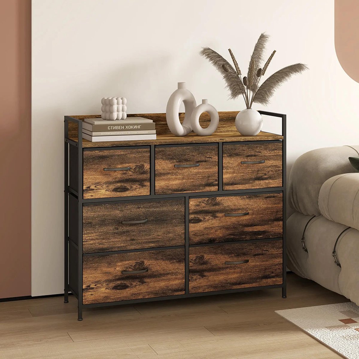 Sweiko Ladekast - 7 Stoffen laden - Stalen frame - 98x29x85 cm - Vintage bruin