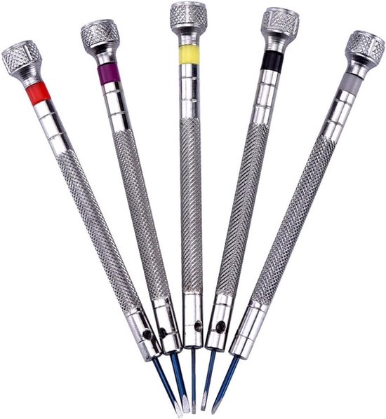5-delige schroevendraaierset voor horloge reparatie met 5 reserve tips - handig en praktisch.
