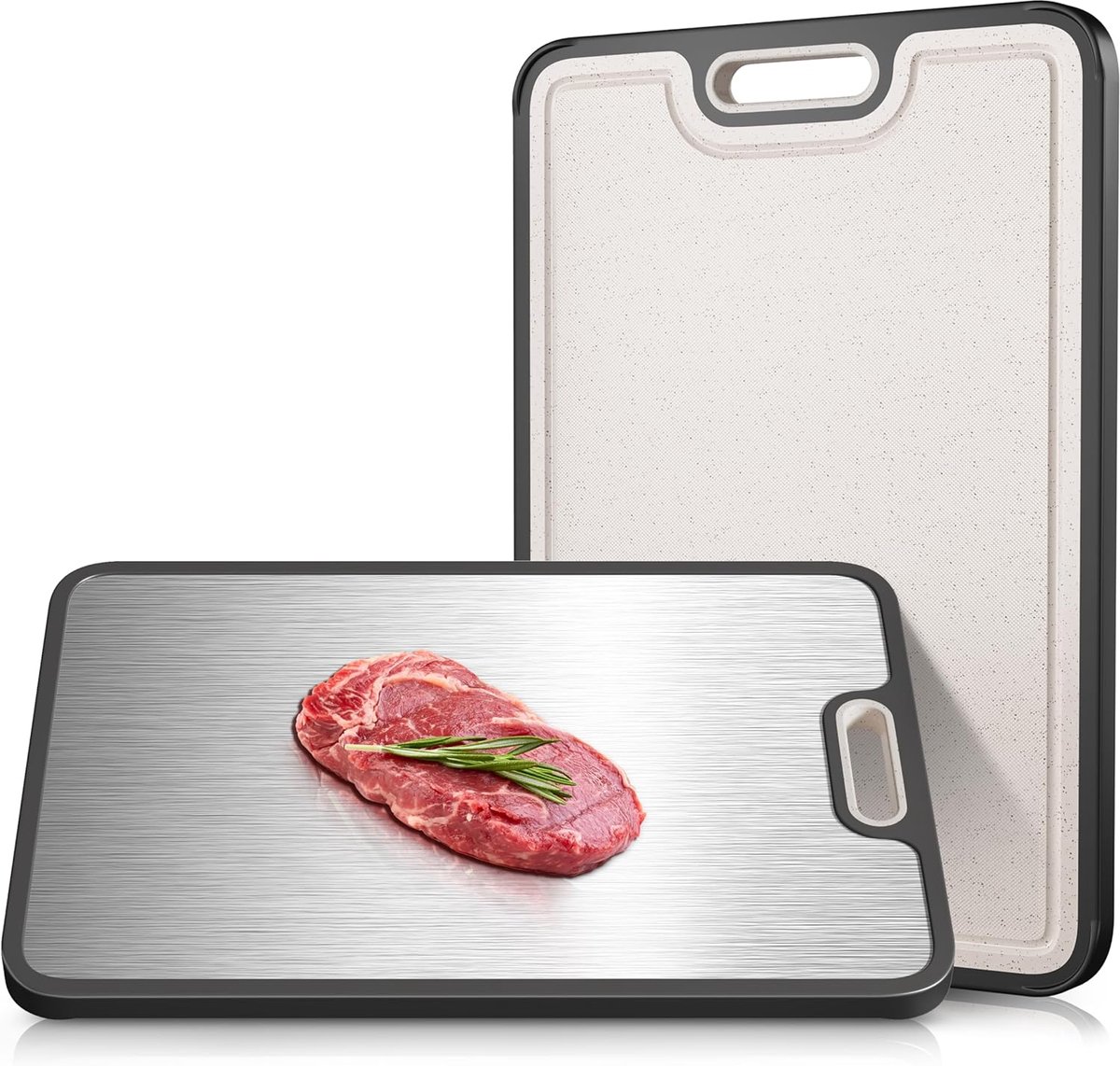 Dubbelzijdige GR1 snijplank van titanium en tarwestro, 15"*10" snijplank voor de keuken, niet-giftige snijplank voor vlees en groenten, antislip siliconen rand, sapgroef