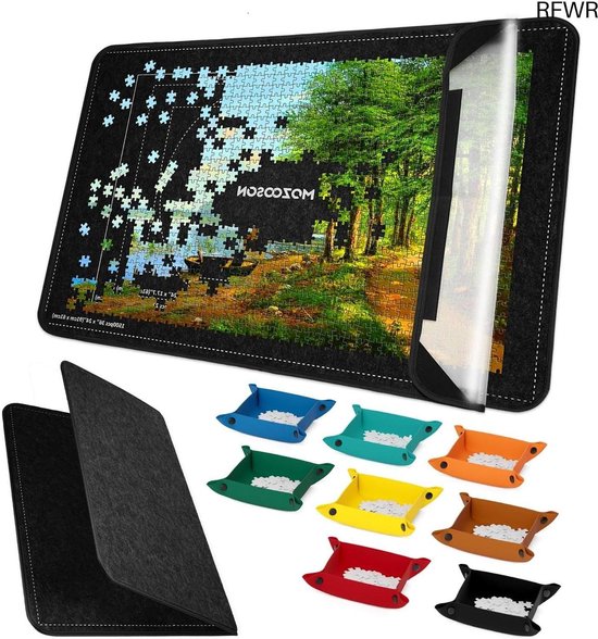 MOZOOSON Puzzelmat Voor 1000-2000 Stukjes – 118x80 Cm, Met Sorteerbakjes, Opblaasbare Rol, Ideaal Voor Opslag