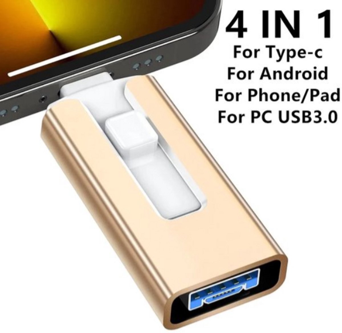 Image of 512GB 4-in-1 USB 3.0 Geheugenstick – Geschikt voor iPhone, iPad, Android en PC –Lightning, USB-C, Micro-USB & USB-A – Externe Opslag voor Foto’s, Video’s, Back-up & Bestanden