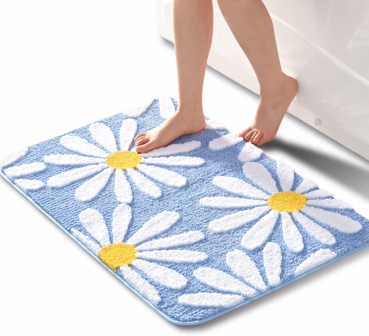 Famanu - Blauw badkamertapijt met madeliefjes, antislip, wasbaar, zachte douchemat, absorberend, 60 x 90 cm