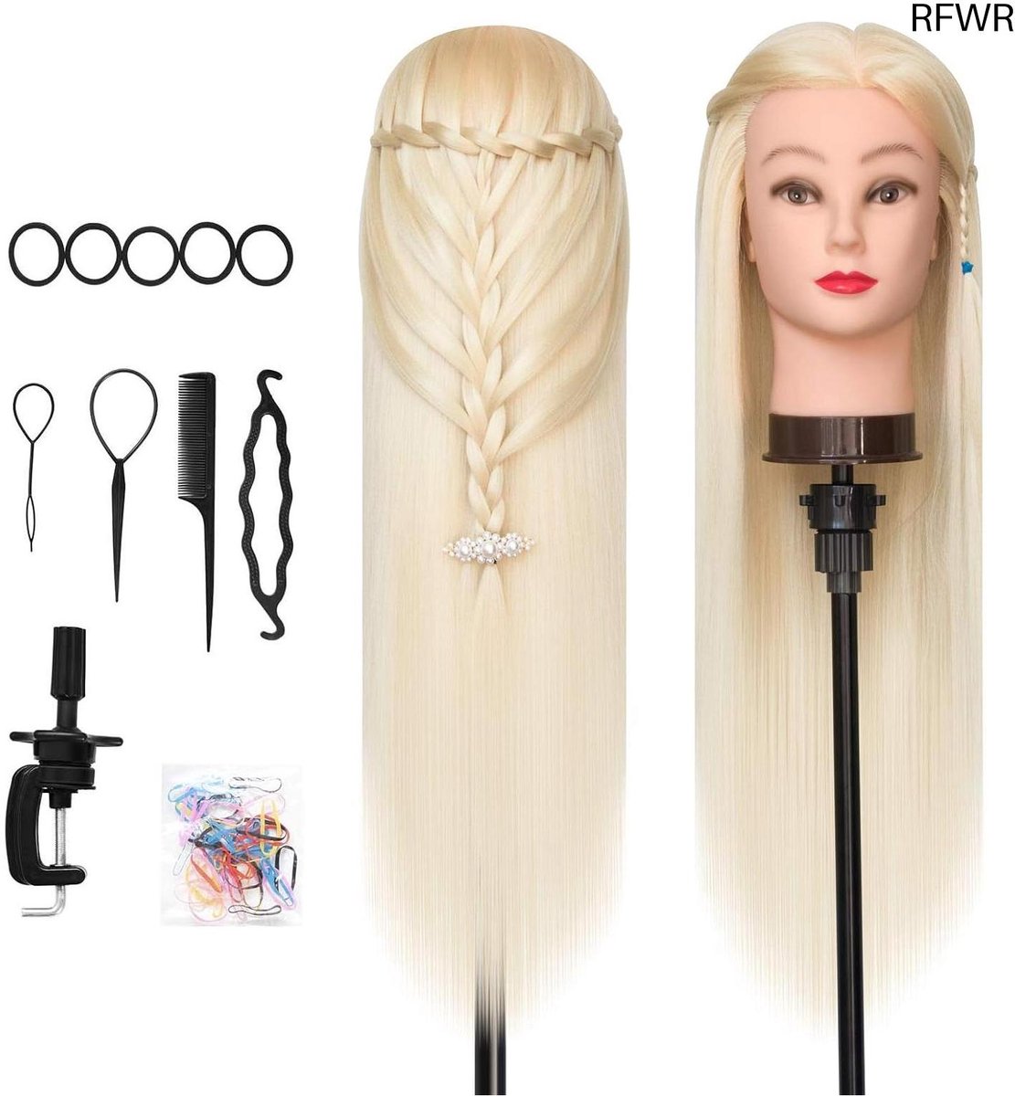 RFWR® Professioneel Oefenhoofd voor Kappers - Zacht Synthetisch Haar met Styling Accessoires